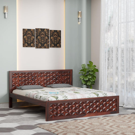 Rukmaajee Solid Sheesham Wood Queen Bed | Artistic 3D Headboard Design