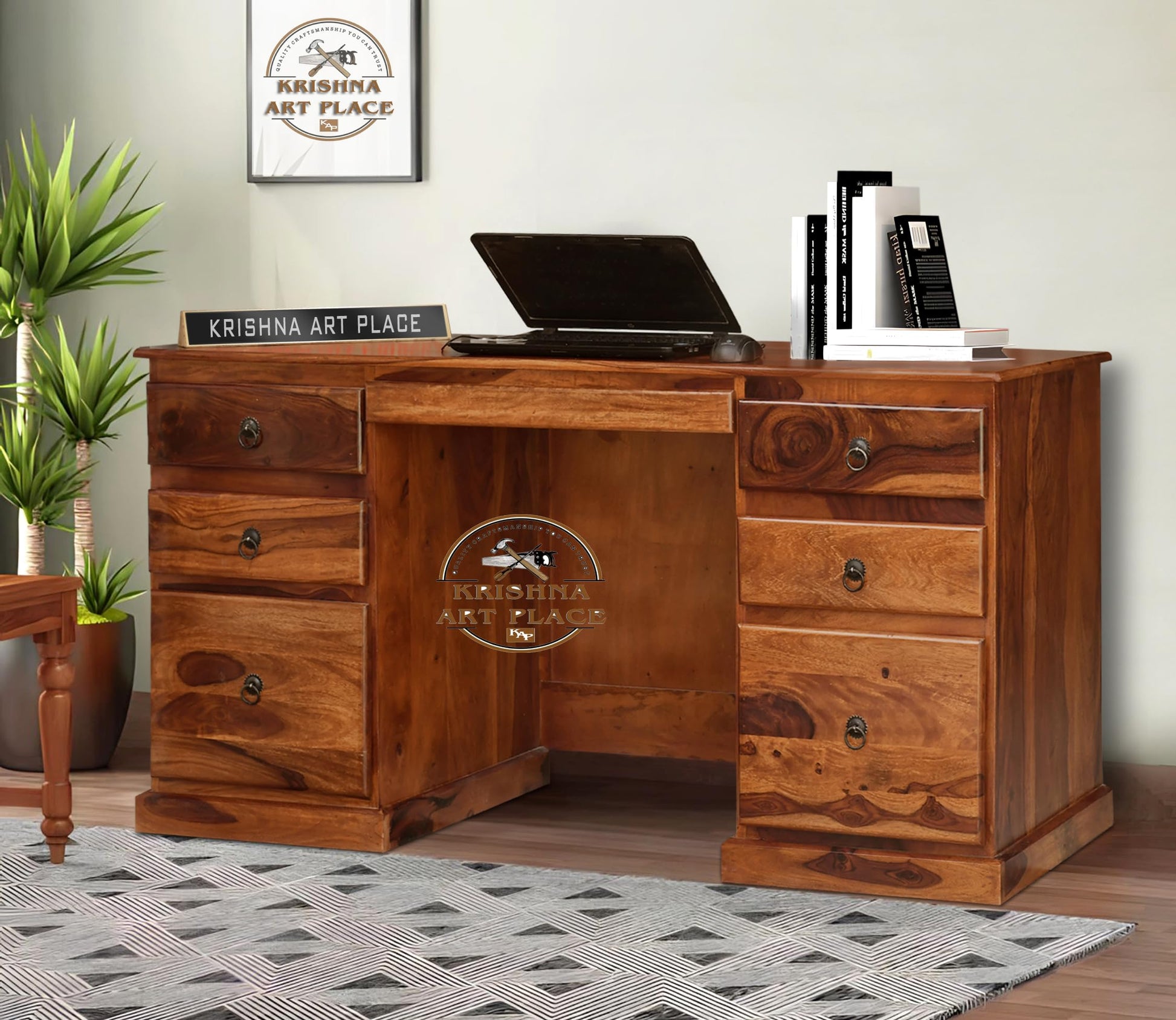 Rukmaajeee Sheesham Wood Study Writing Desk with 6 Drawers | Laptop &