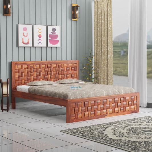 Rukmaajee Solid Sheesham Wood King Size Bed | Honey Finish