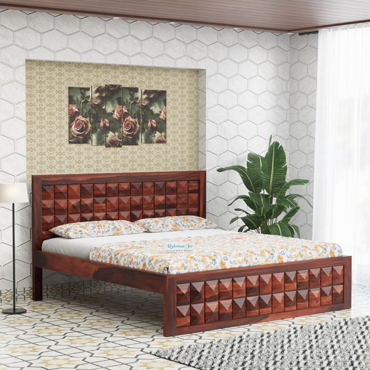 Rukmaajee Solid Sheesham Wood King Size Bed | Diamond Design Headboard