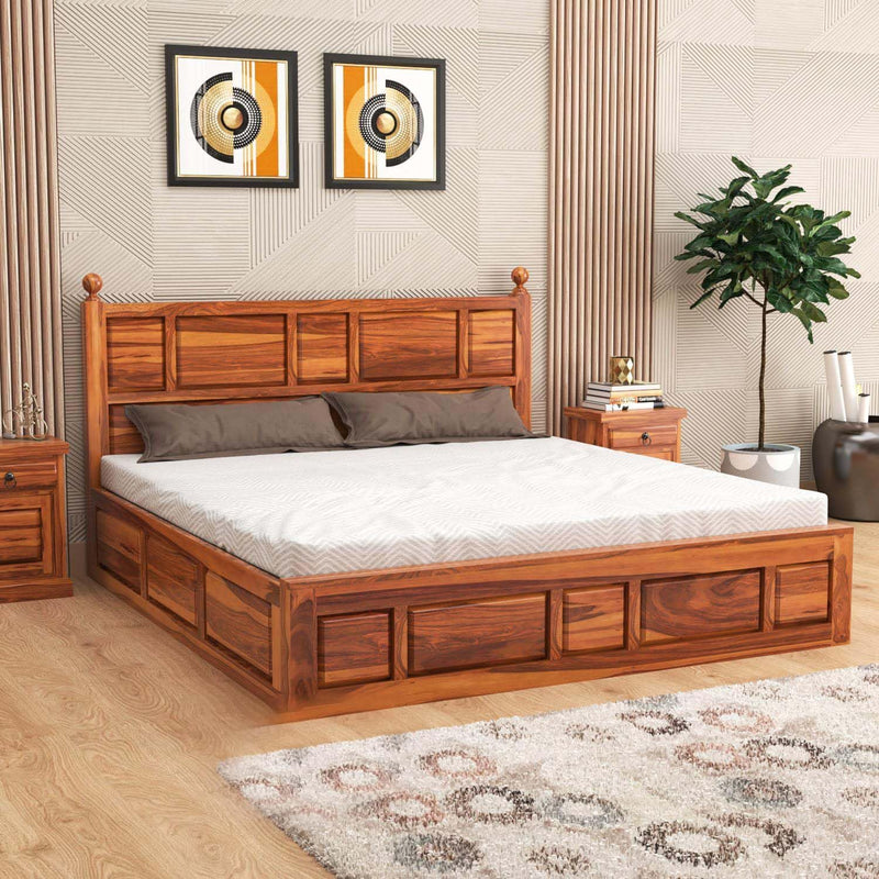 Rukmaajee Solid Sheesham Wood King Size Bed with Box Storage for Home
