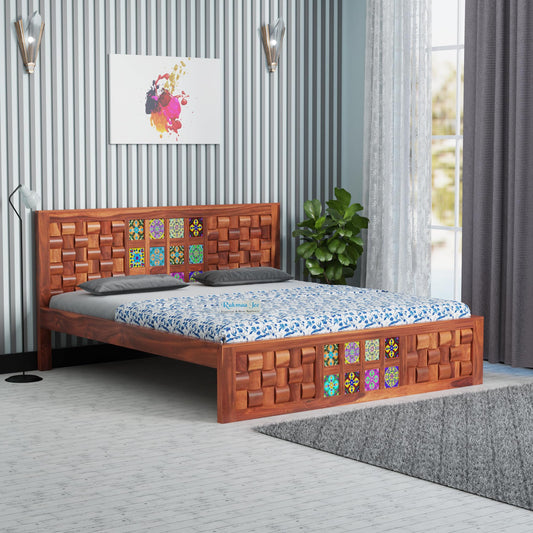 Rukmaajee Solid Sheesham Wood King Size Bed | Niwar Tile Headboard