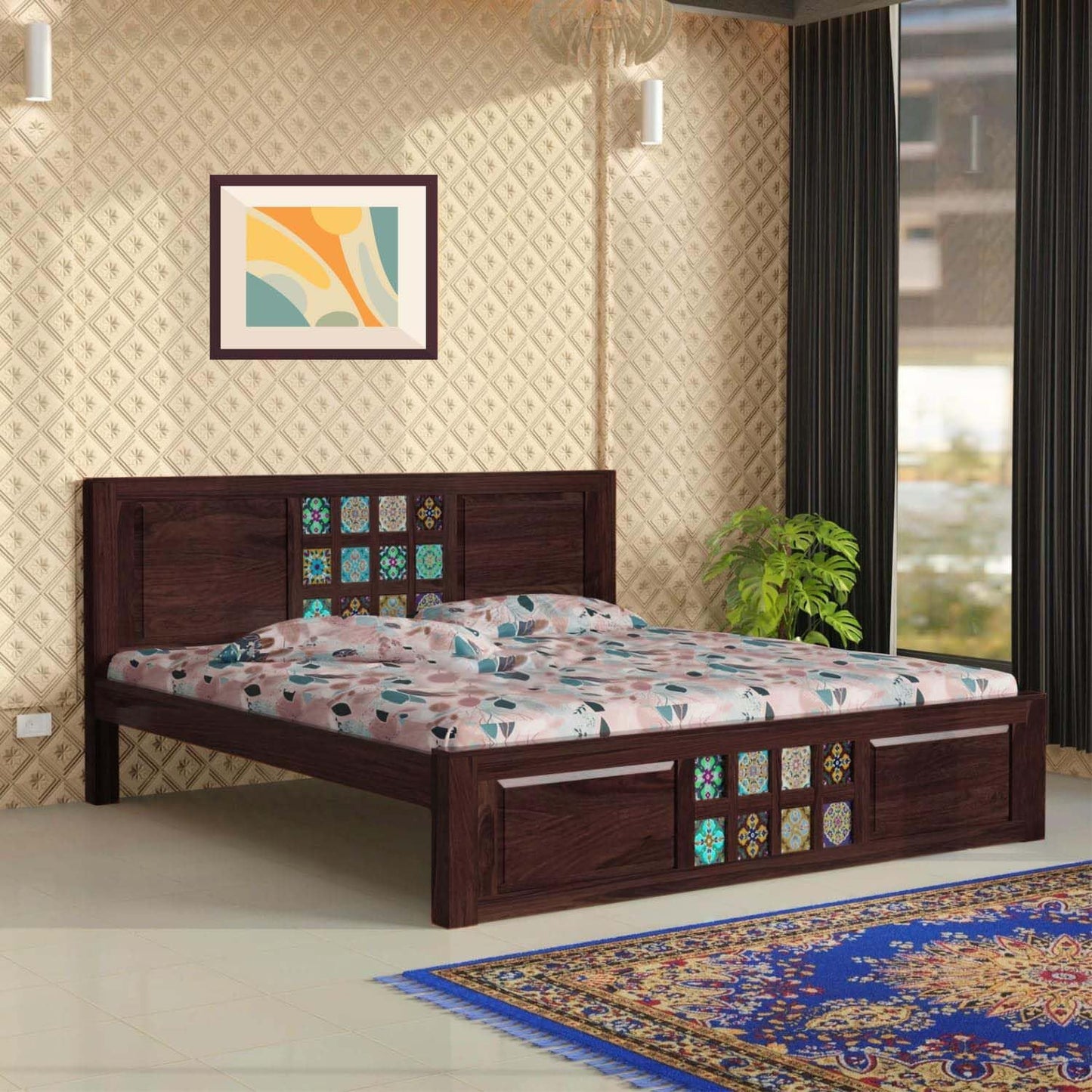 Rukmaajee Sheesham Wood Queen Size Bed Without Storage | Solid Cot Bed