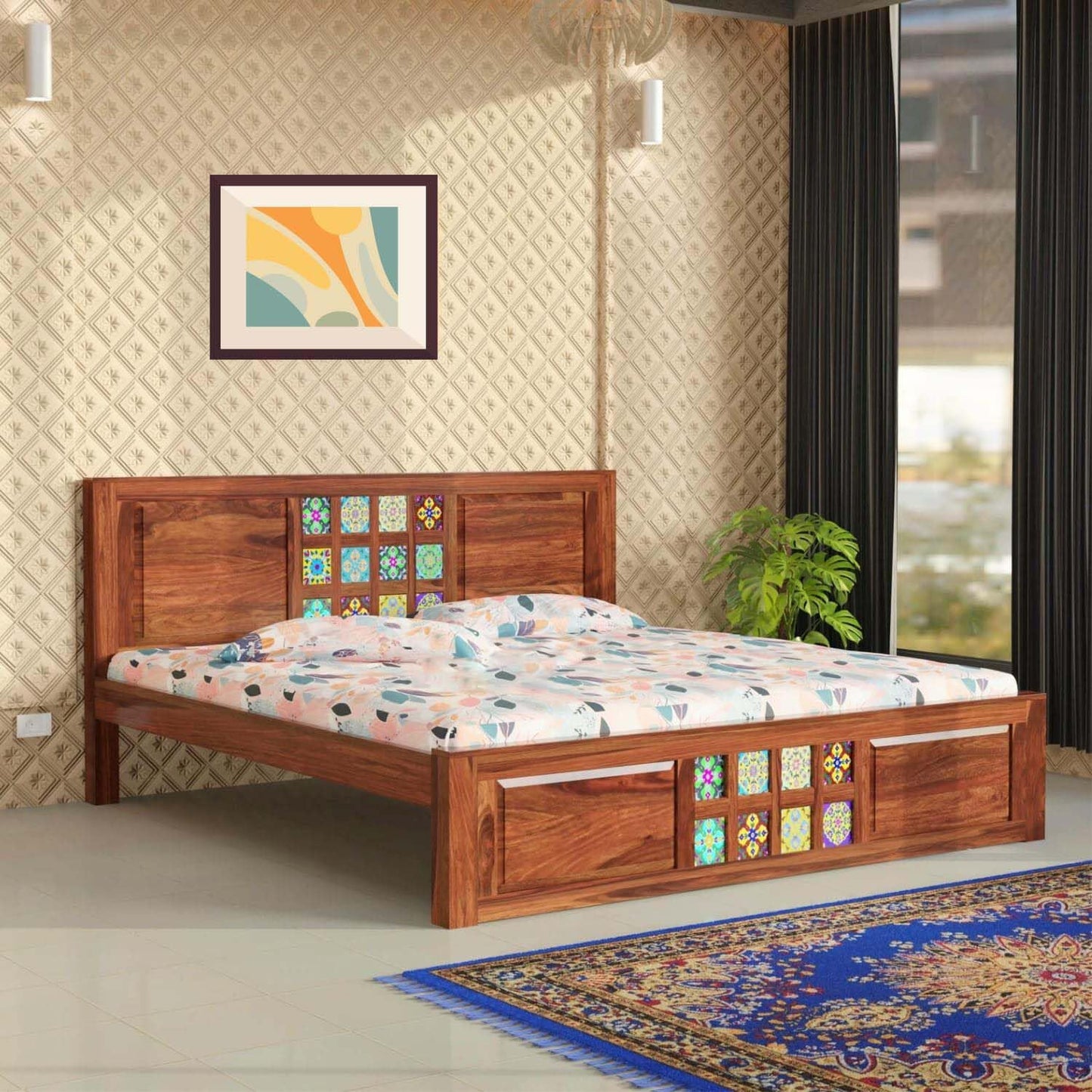 Rukmaajee Sheesham Wood Queen Size Bed Without Storage | Solid Cot Bed