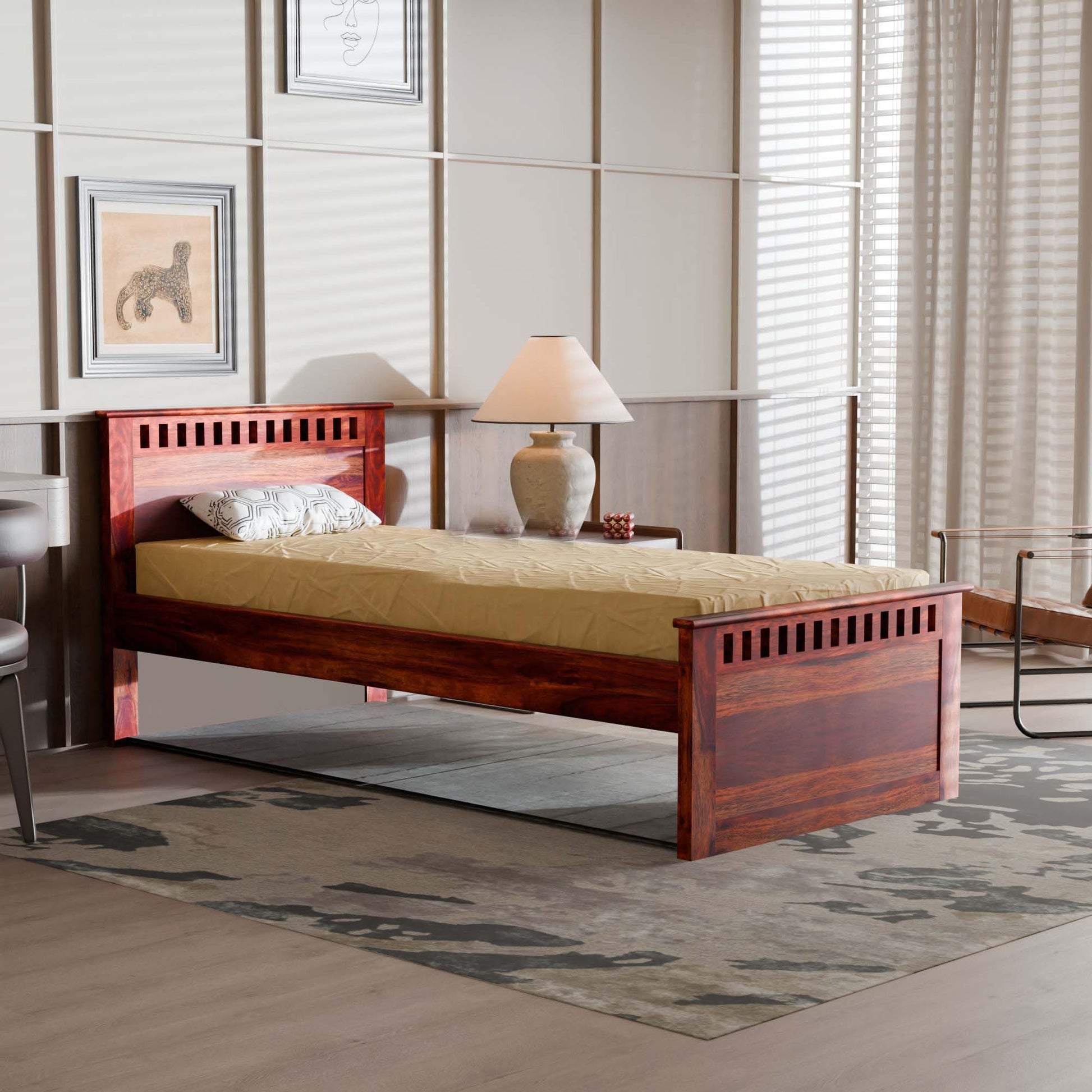 Rukmaajee Solid Sheesham Wood Single Bed for Your Home Traditional