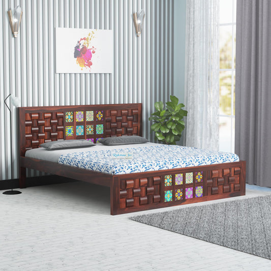 Luxury King Size Bed | Solid Sheesham Wood | Colorful Niwar Tile