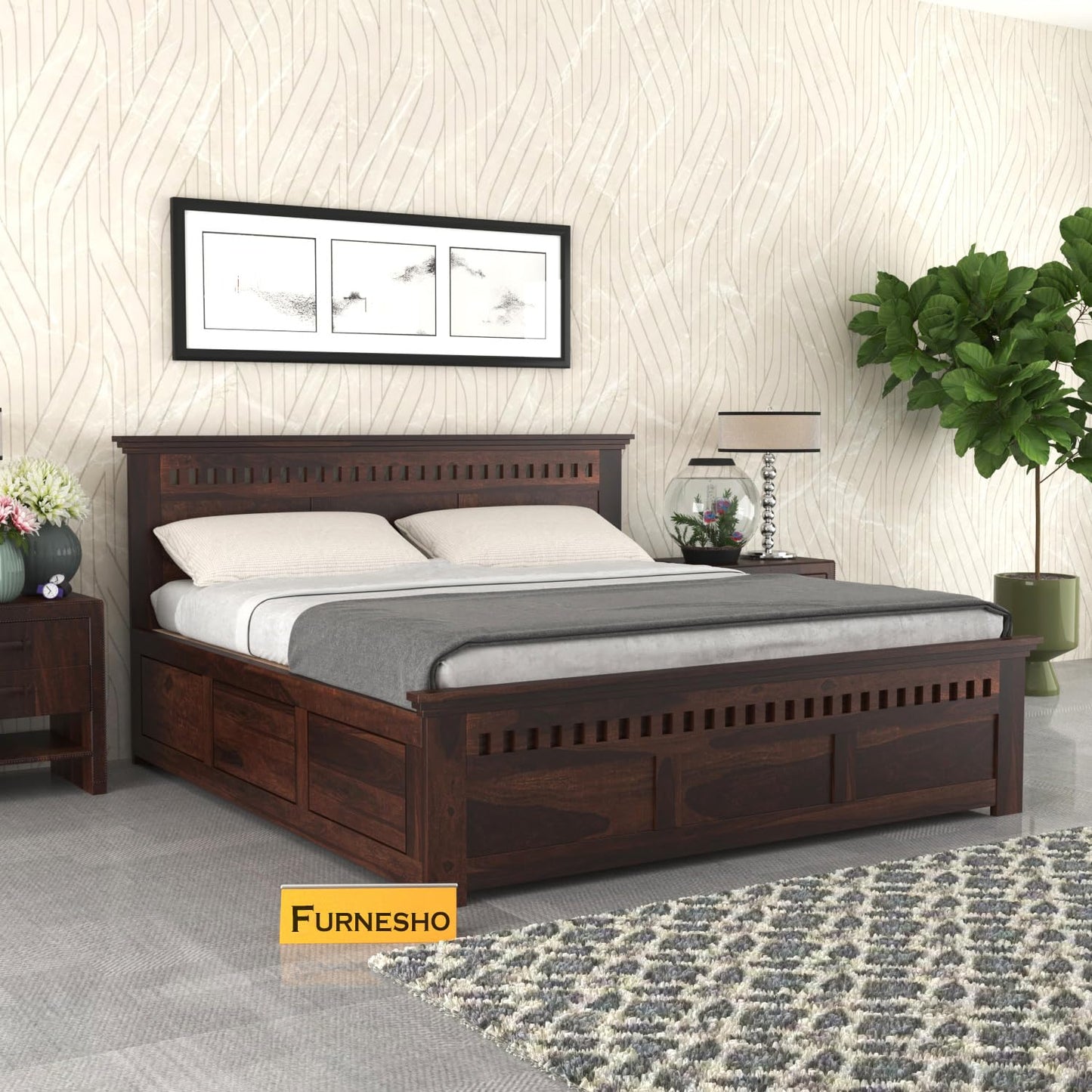 Rukmaajeee Solid Sheesham Wood Armania Queen Size Bed with Box Storage