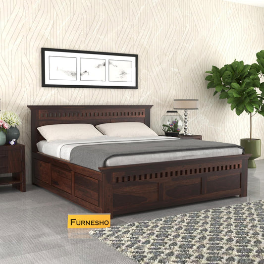 Rukmaajeee Solid Sheesham Wood Armania Queen Size Bed with Box Storage